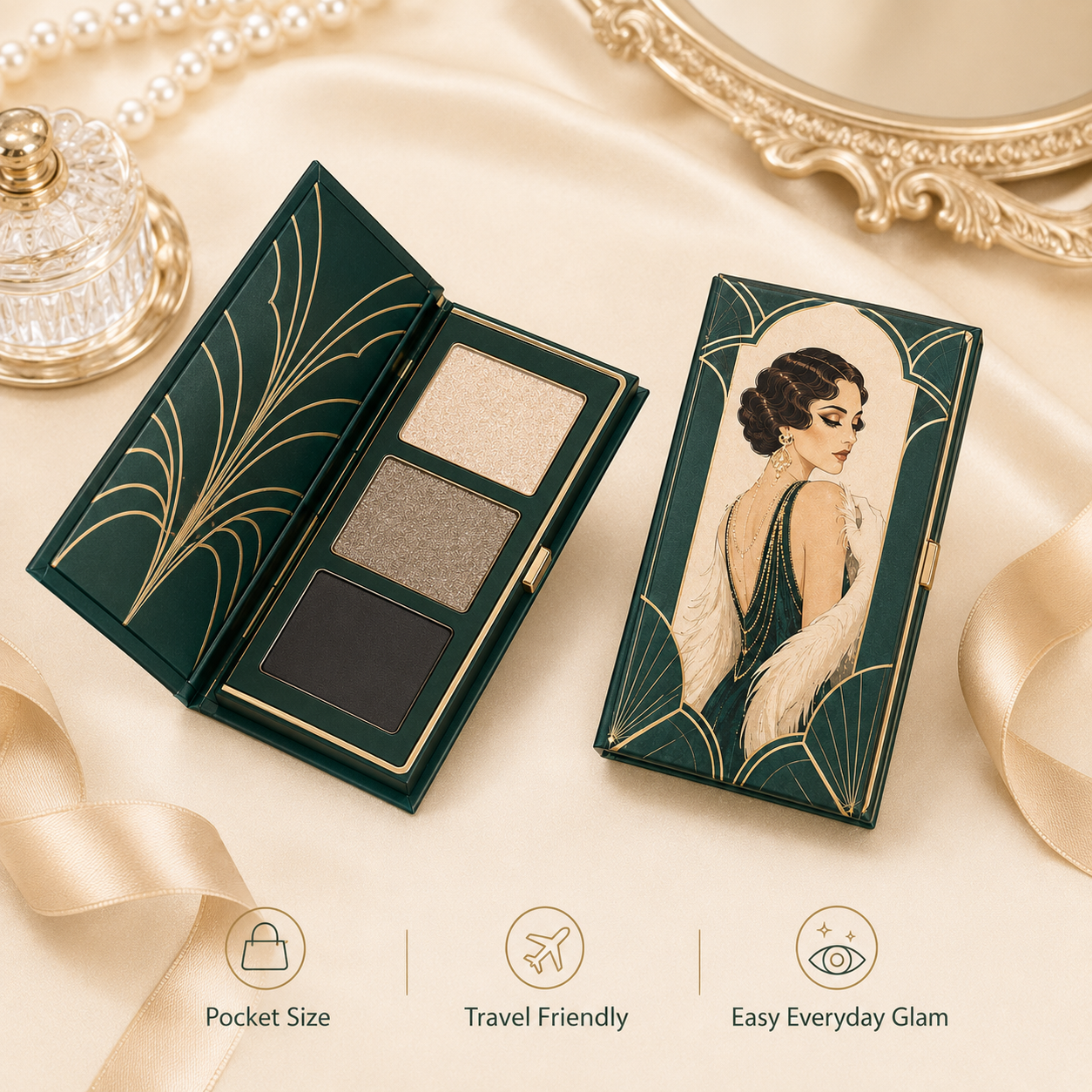 3-Color Art Deco Eyeshadow Palette – Champagne Shimmer, Taupe Sparkle & Deep Charcoal for Everyday Glam