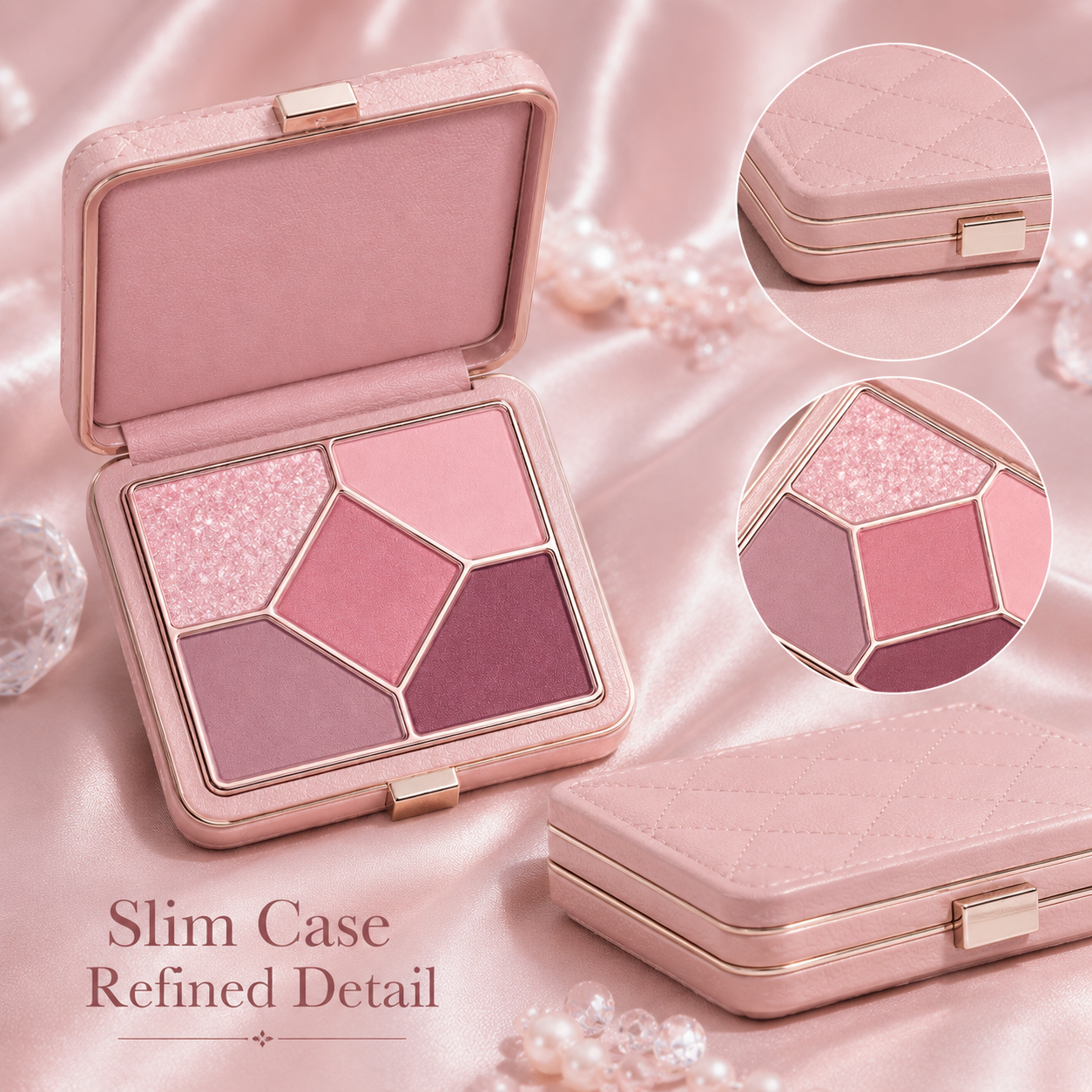 5-Color Leather Case Eyeshadow Palette – Soft Pink Matte & Shimmer Compact