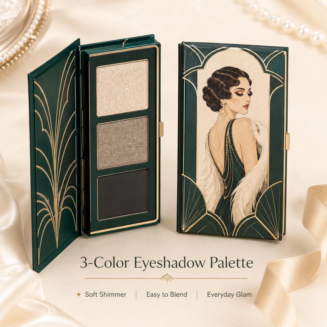 3-Color Art Deco Eyeshadow Palette – Champagne Shimmer, Taupe Sparkle & Deep Charcoal for Everyday Glam