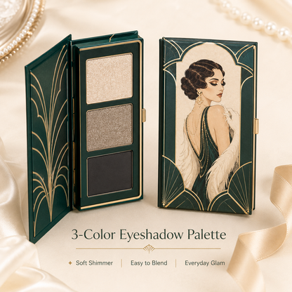 3-Color Art Deco Eyeshadow Palette – Champagne Shimmer, Taupe Sparkle & Deep Charcoal for Everyday Glam