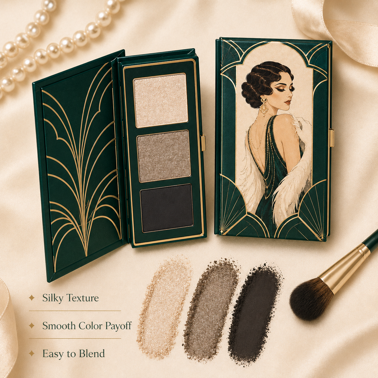 3-Color Art Deco Eyeshadow Palette – Champagne Shimmer, Taupe Sparkle & Deep Charcoal for Everyday Glam