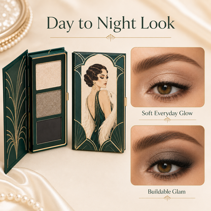 3-Color Art Deco Eyeshadow Palette – Champagne Shimmer, Taupe Sparkle & Deep Charcoal for Everyday Glam