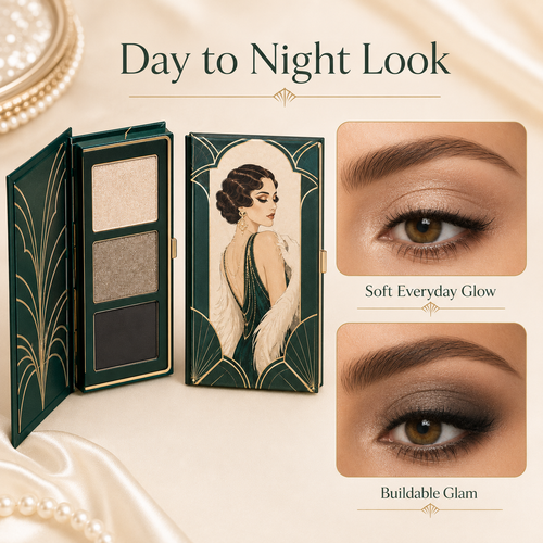 3-Color Art Deco Eyeshadow Palette – Champagne Shimmer, Taupe Sparkle & Deep Charcoal for Everyday Glam