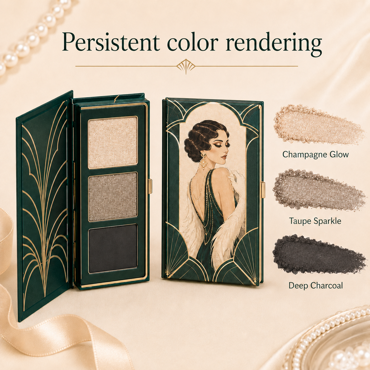 3-Color Art Deco Eyeshadow Palette – Champagne Shimmer, Taupe Sparkle & Deep Charcoal for Everyday Glam