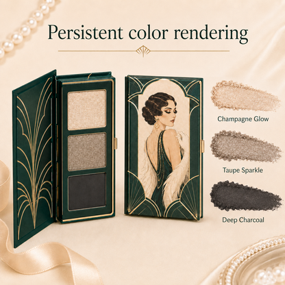 3-Color Art Deco Eyeshadow Palette – Champagne Shimmer, Taupe Sparkle & Deep Charcoal for Everyday Glam
