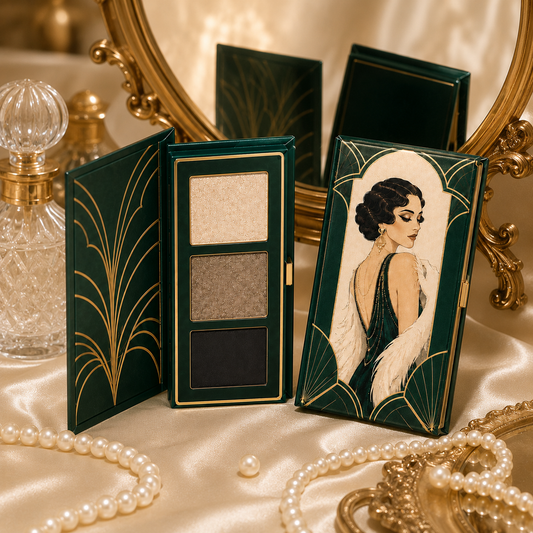 3-Color Art Deco Eyeshadow Palette – Champagne Shimmer, Taupe Sparkle & Deep Charcoal for Everyday Glam